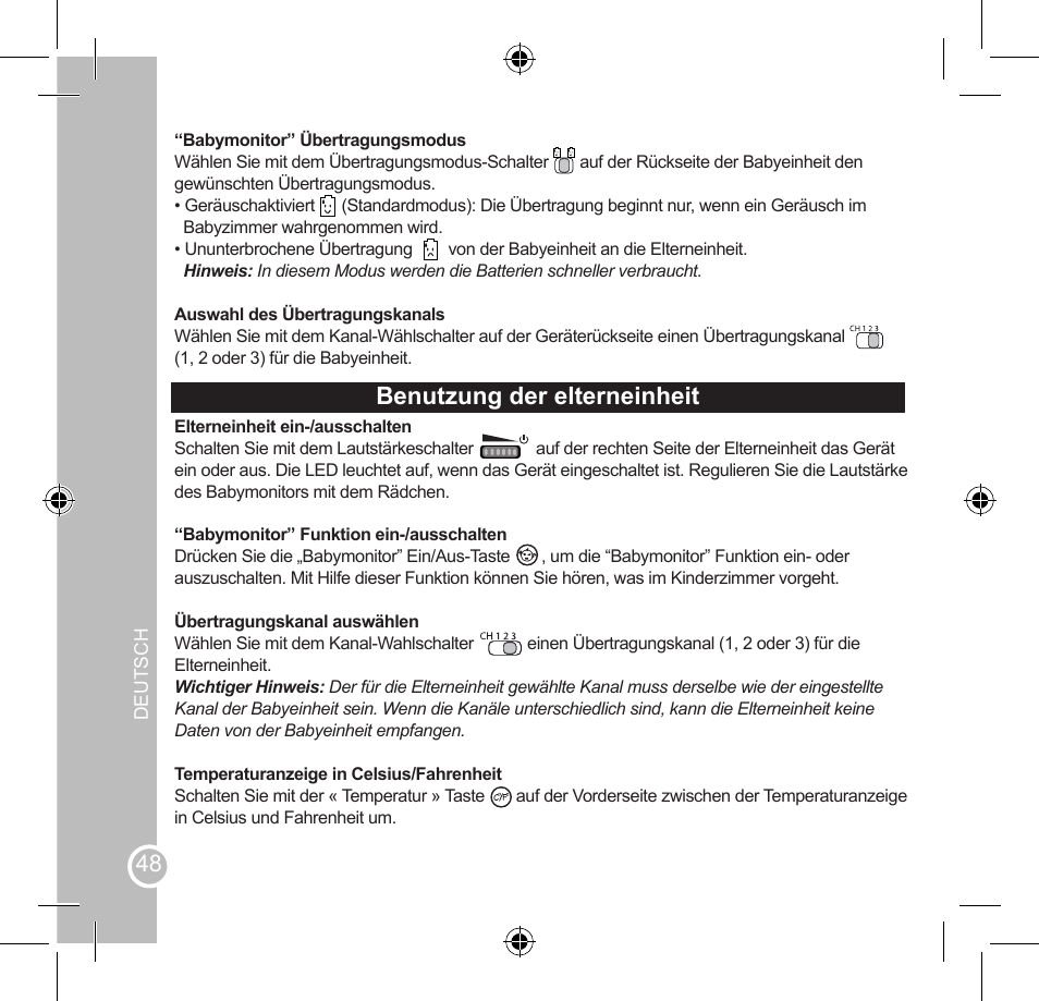 Benutzung der elterneinheit, Pflege und garantie | Lexibook SMBABY1 User Manual | Page 48 / 60