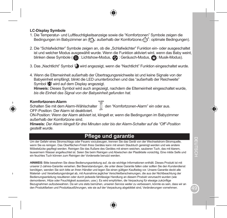 Benutzung der elterneinheit, Pflege und garantie | Lexibook SMBABY1 User Manual | Page 49 / 60