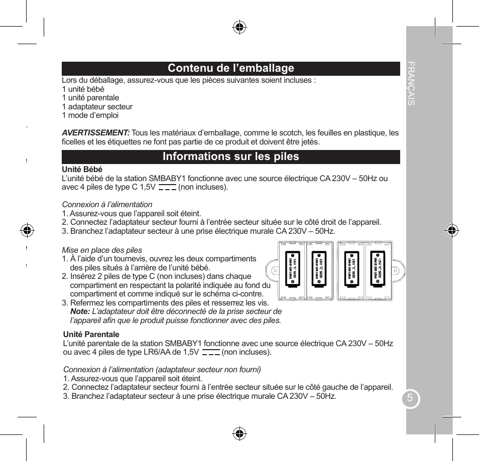 Instructions relatives à la sécurité, Contenu de l’emballage, Informations sur les piles | Lexibook SMBABY1 User Manual | Page 5 / 60