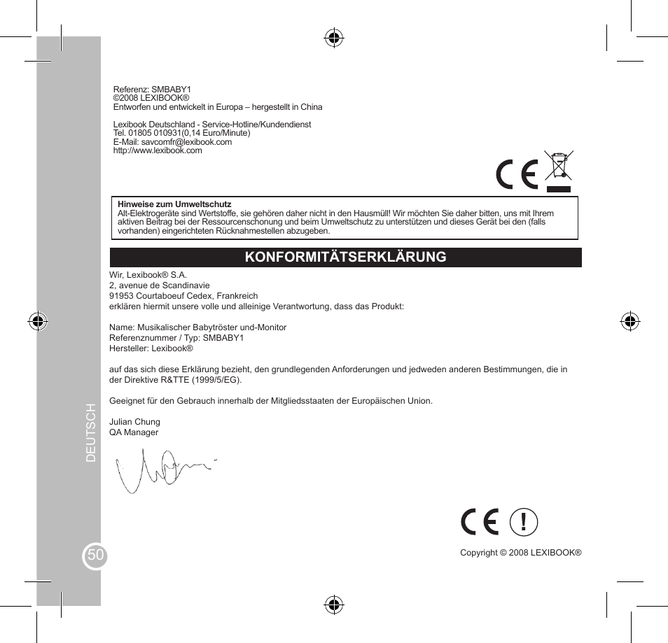 Veiligheidsinstructies, Konformitätserklärung | Lexibook SMBABY1 User Manual | Page 50 / 60