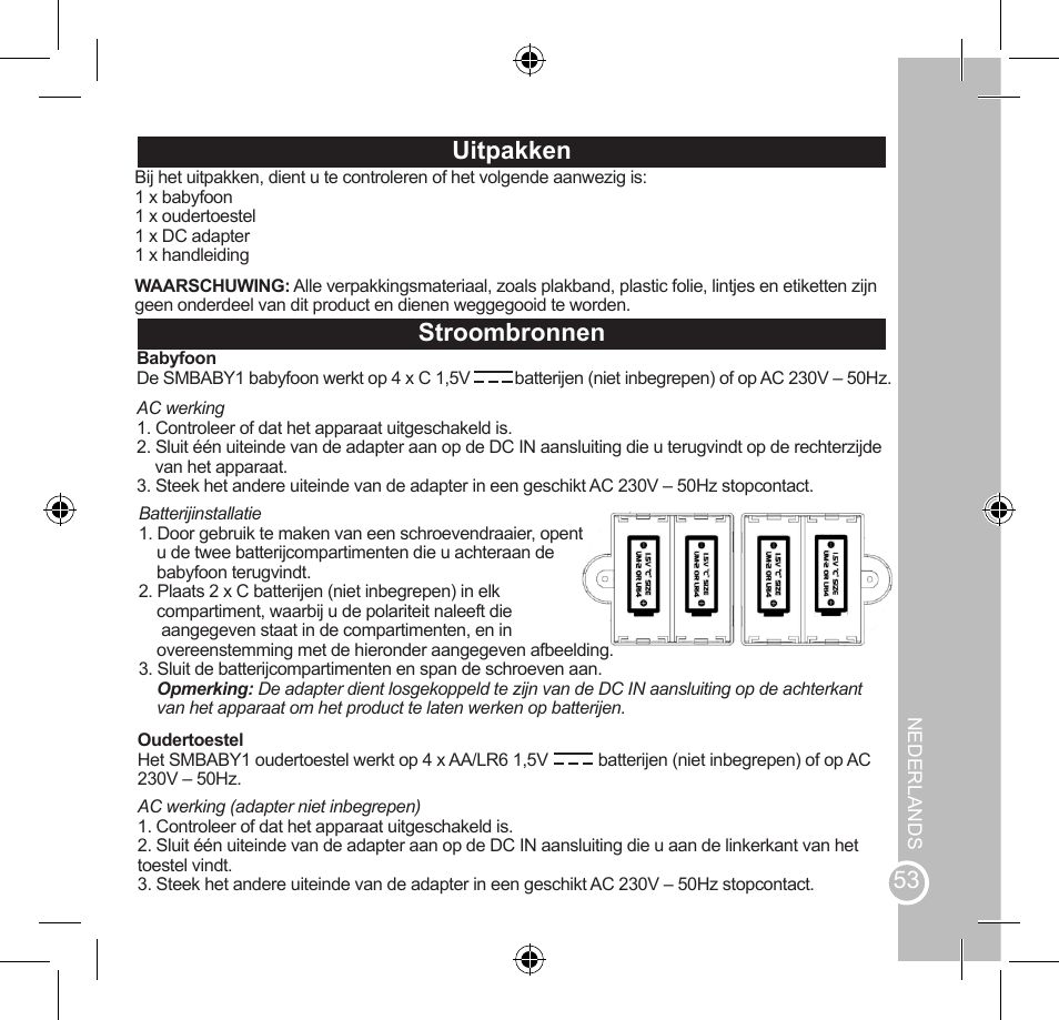 Belangrijke veiligheidsinstructies, Uitpakken, Stroombronnen | Lexibook SMBABY1 User Manual | Page 53 / 60