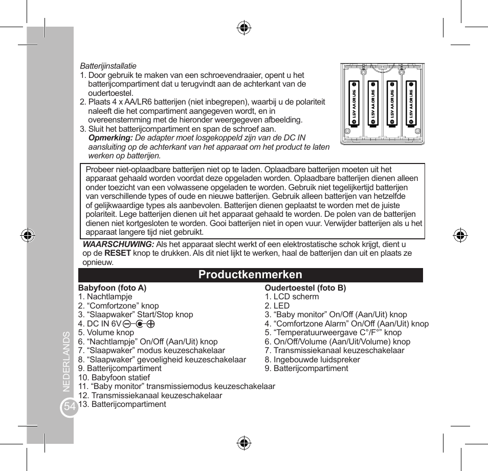 Productkenmerken, De babyfoon gebruiken | Lexibook SMBABY1 User Manual | Page 54 / 60