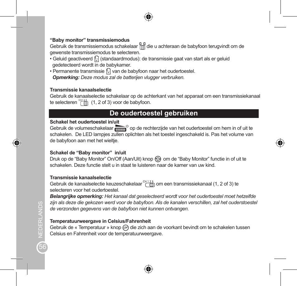 De oudertoestel gebruiken, Onderhoud en garantie | Lexibook SMBABY1 User Manual | Page 56 / 60