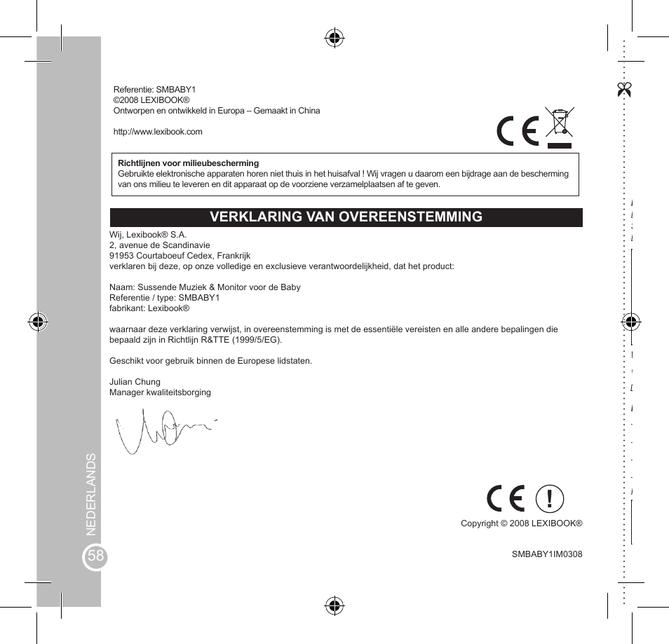 Verklaring van overeenstemming, Your opinion matters / votre avis compte | Lexibook SMBABY1 User Manual | Page 58 / 60