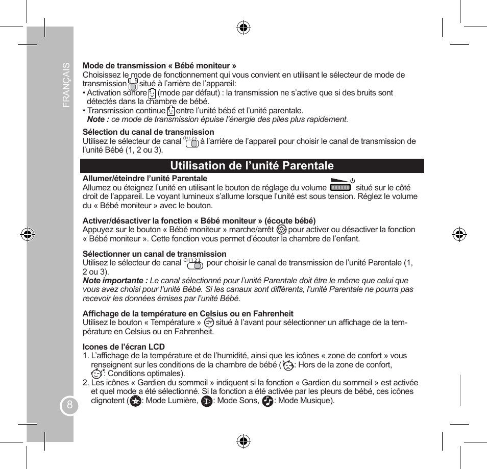 Utilisation de l’unité parentale, Entretien et garantie | Lexibook SMBABY1 User Manual | Page 8 / 60