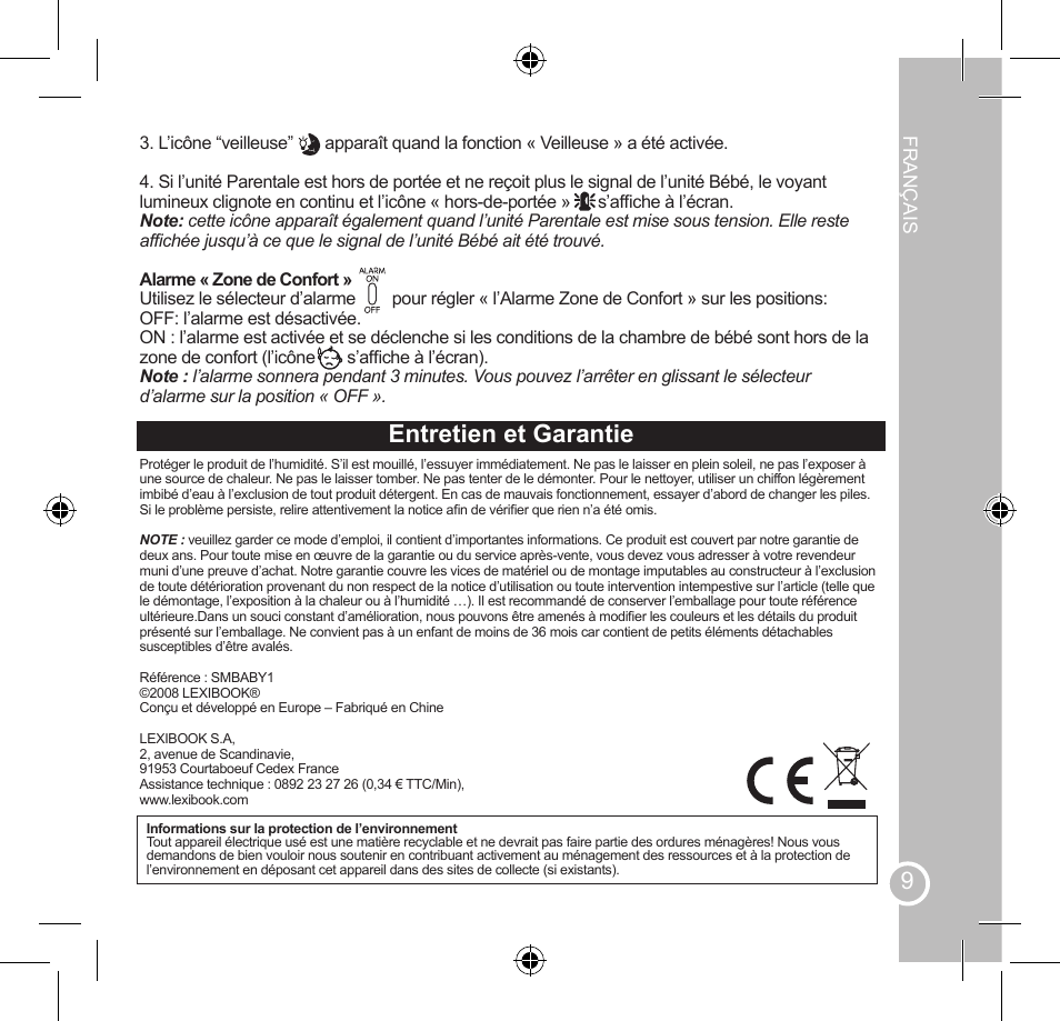 Utilisation de l’unité parentale, Entretien et garantie | Lexibook SMBABY1 User Manual | Page 9 / 60