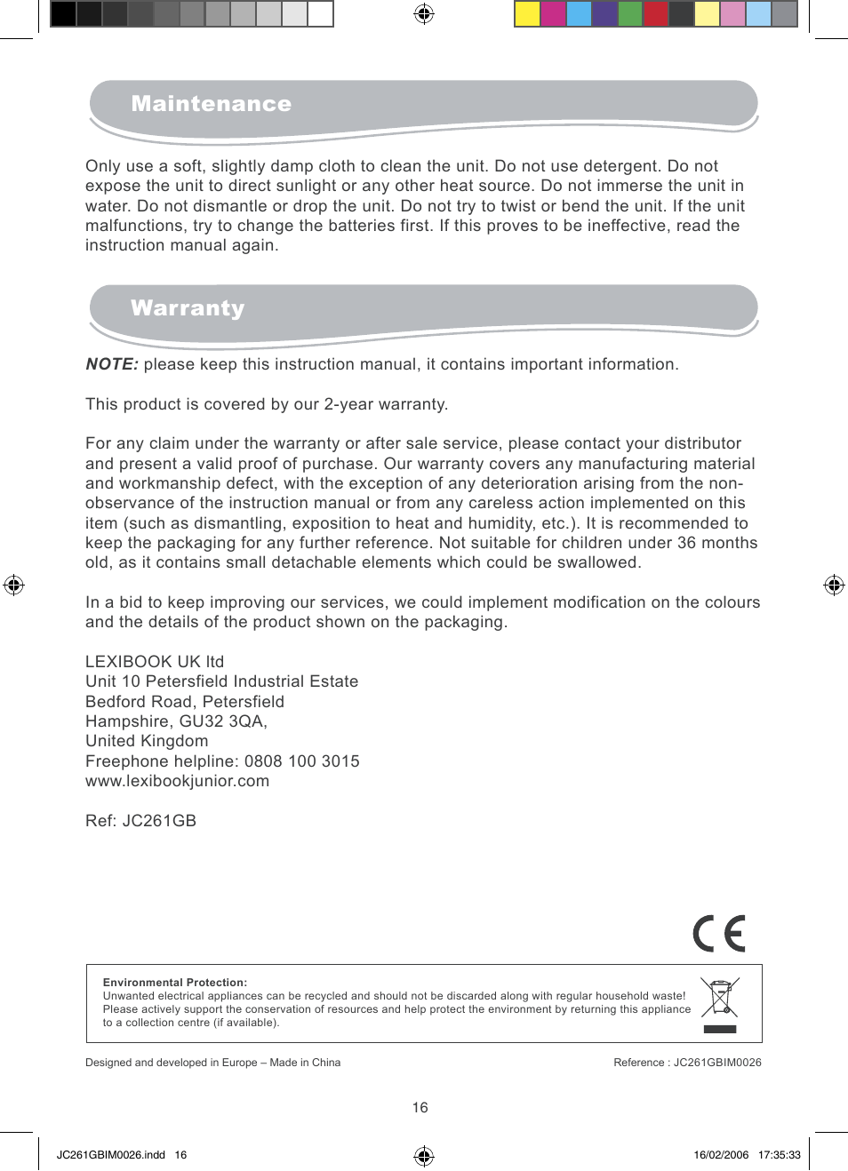 Maintenance, Warranty | Lexibook JC261GB User Manual | Page 9 / 9