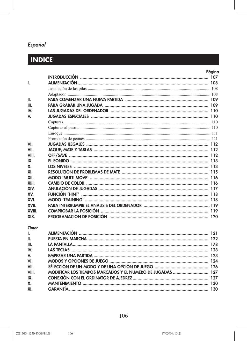 Indice, Español | Lexibook CG1300 User Manual | Page 106 / 132