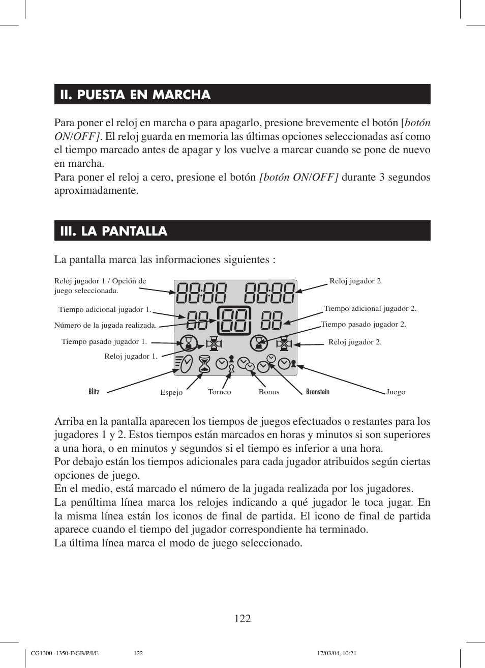 Ii. puesta en marcha, Iii. la pantalla | Lexibook CG1300 User Manual | Page 122 / 132