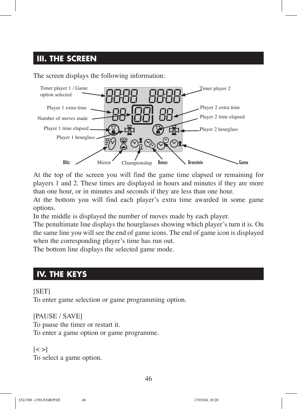 Iii. the screen, Iv. the keys | Lexibook CG1300 User Manual | Page 46 / 132