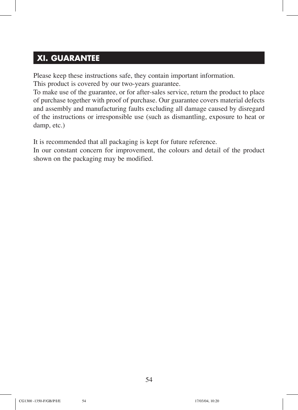Xi. guarantee | Lexibook CG1300 User Manual | Page 54 / 132