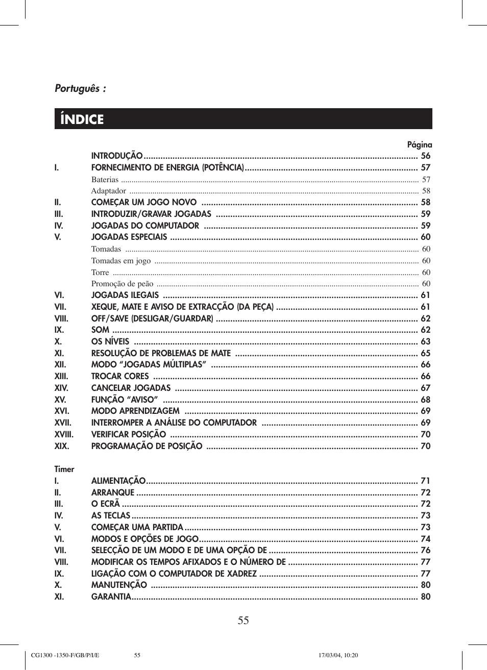 Índice, Português | Lexibook CG1300 User Manual | Page 55 / 132