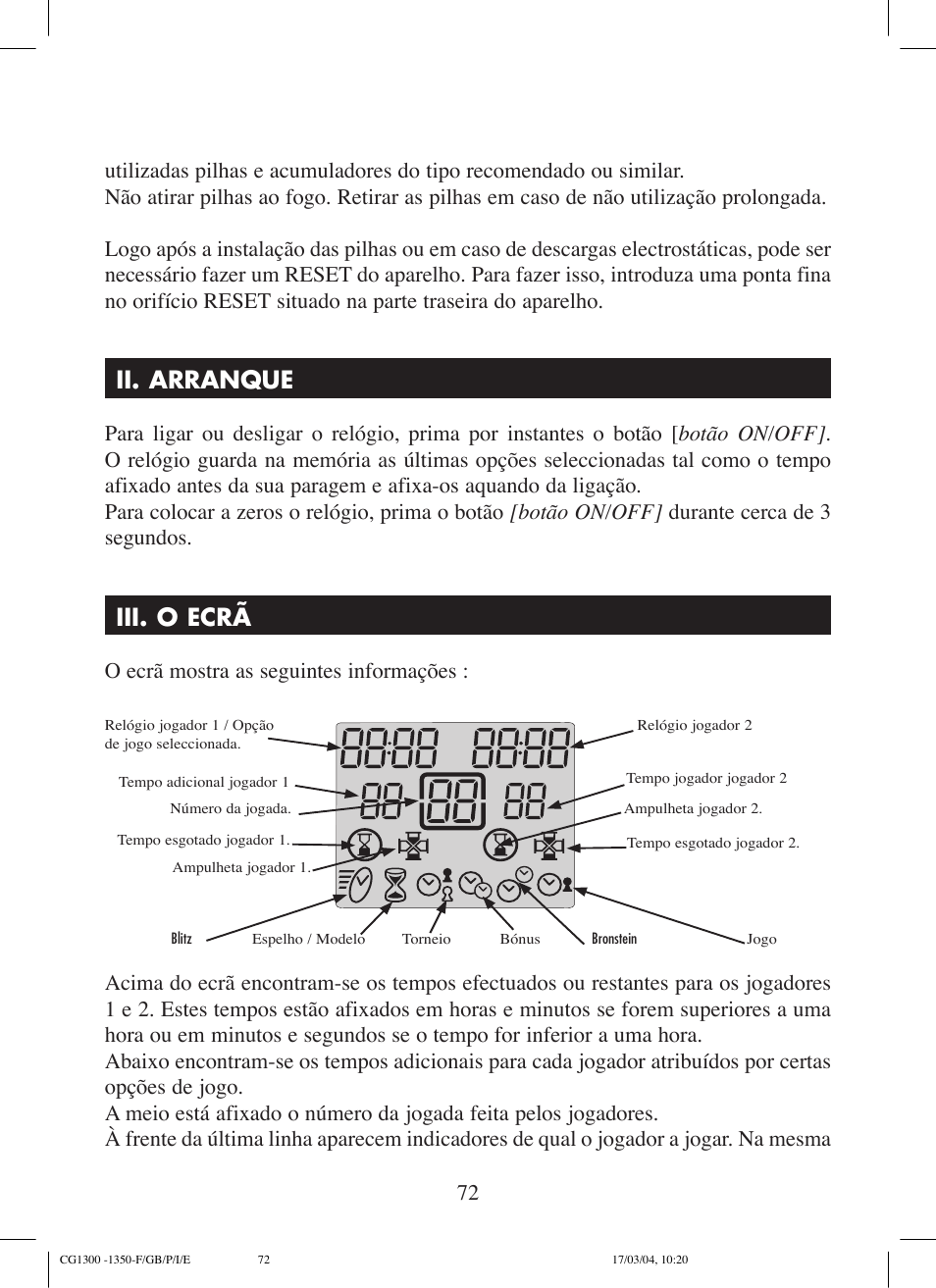 Ii. arranque, Iii. o ecrã | Lexibook CG1300 User Manual | Page 72 / 132