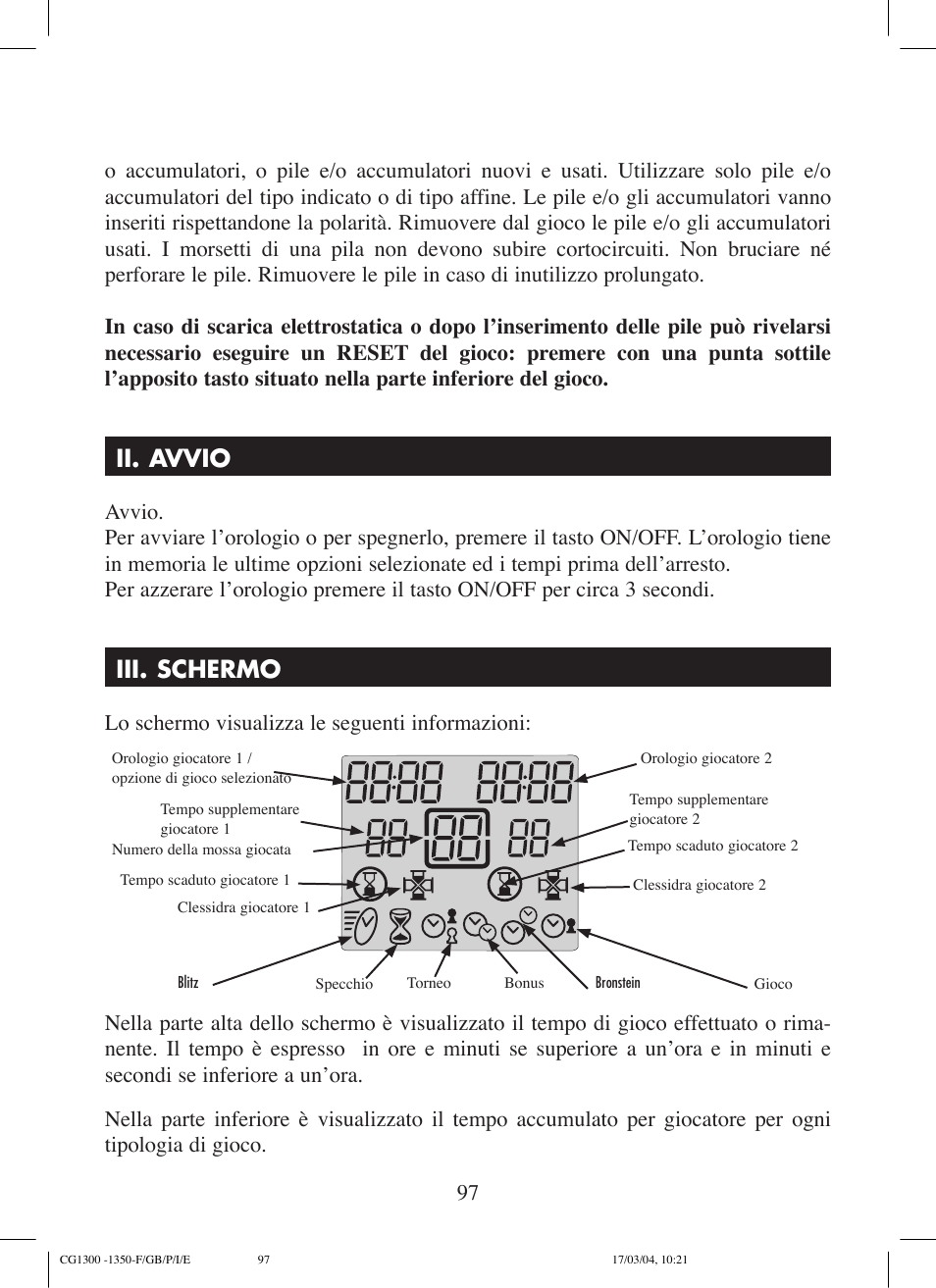 Ii. avvio, Iii. schermo | Lexibook CG1300 User Manual | Page 97 / 132