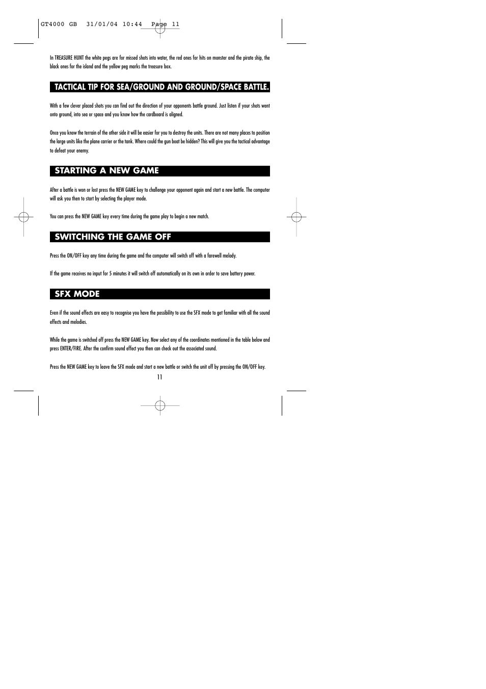 Starting a new game, Switching the game off, Sfx mode | Lexibook GT4000 User Manual | Page 12 / 14