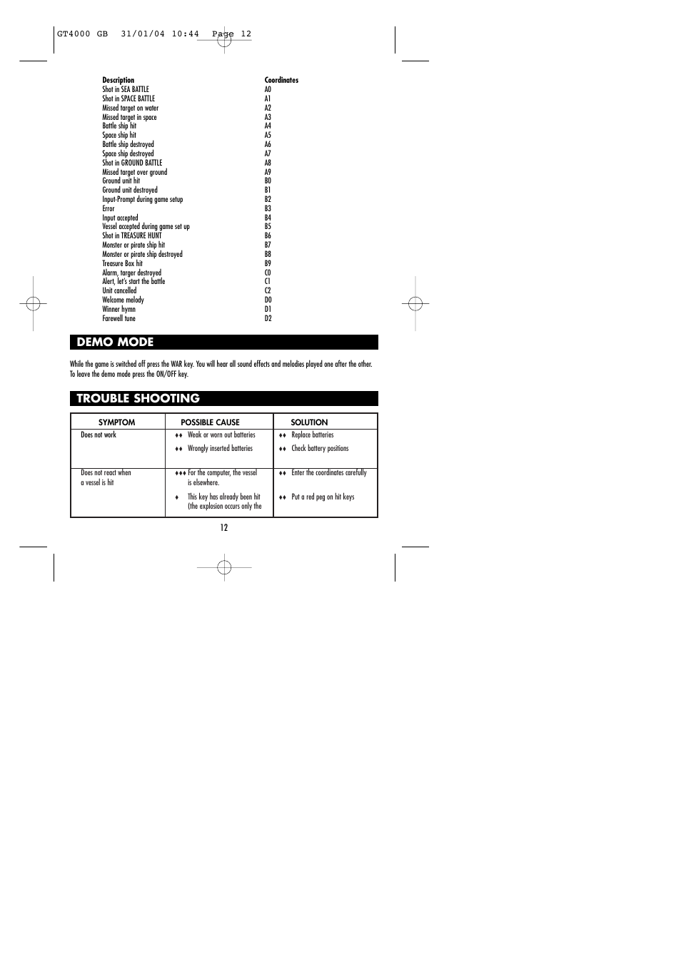 Demo mode, Trouble shooting | Lexibook GT4000 User Manual | Page 13 / 14