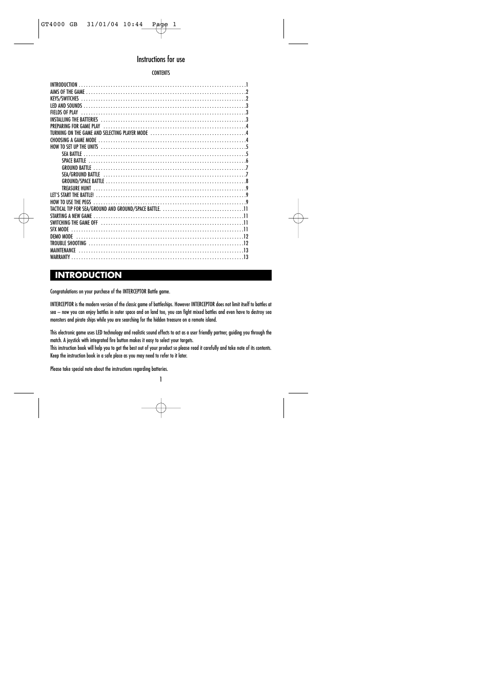 Instructions for use, Introduction | Lexibook GT4000 User Manual | Page 2 / 14