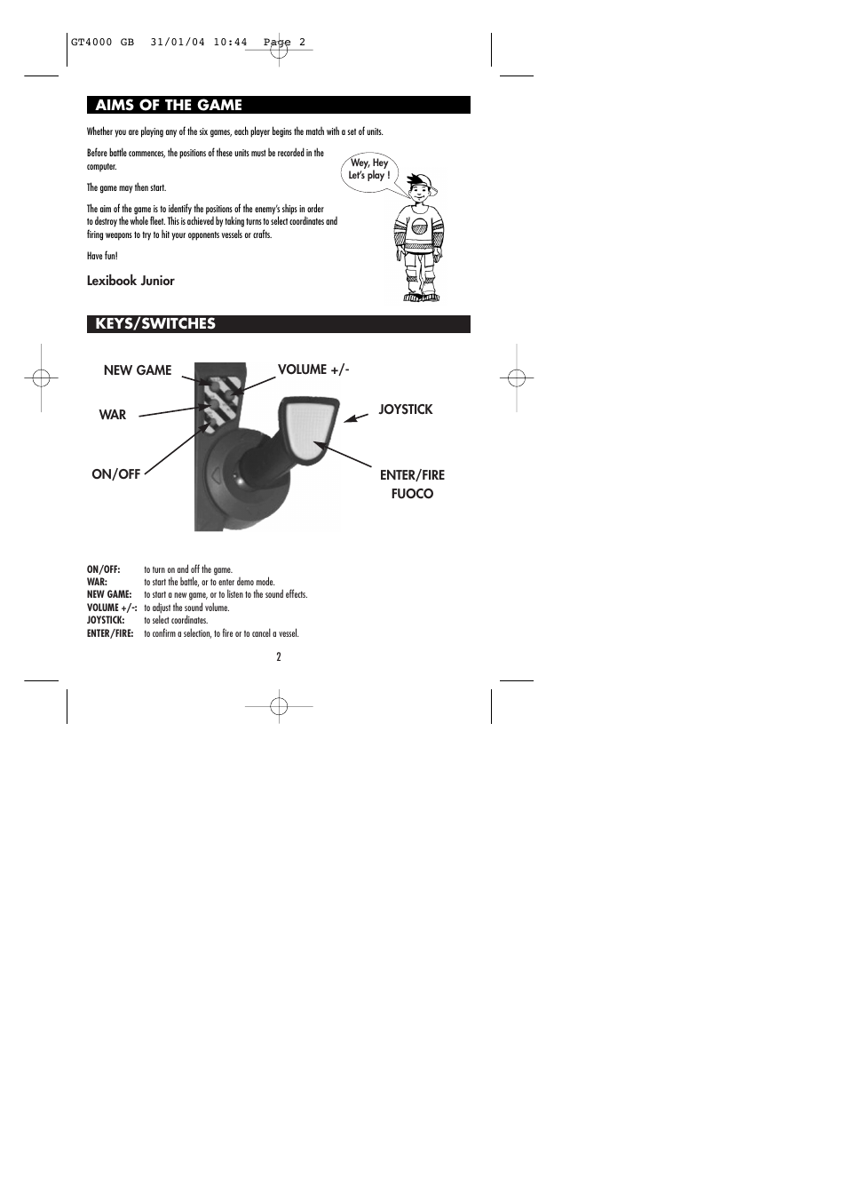 Aims of the game, Keys/switches | Lexibook GT4000 User Manual | Page 3 / 14