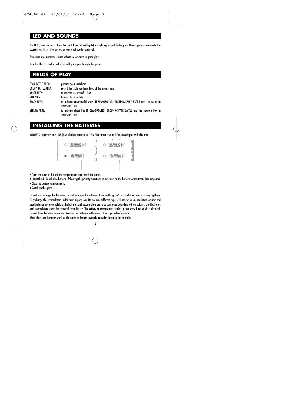Led and sounds, Fields of play, Installing the batteries | Lexibook GT4000 User Manual | Page 4 / 14