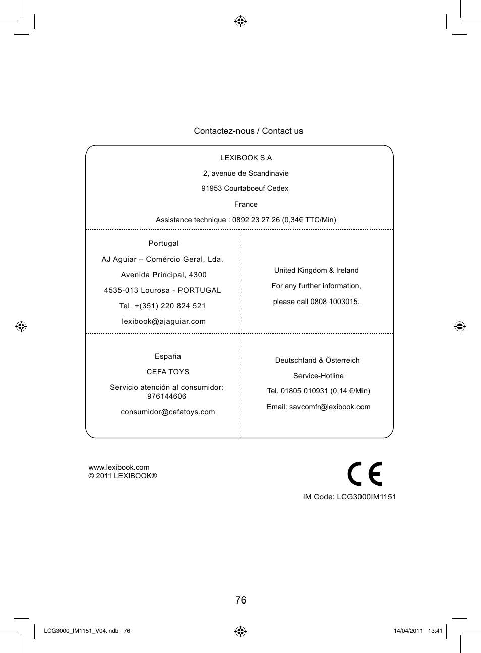Lexibook LCG3000 User Manual | Page 77 / 77