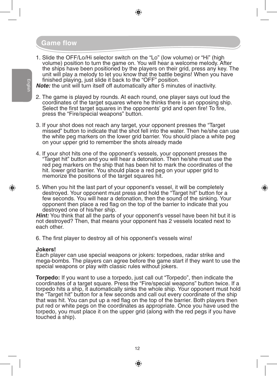 Game flow | Lexibook GT2500 User Manual | Page 12 / 52