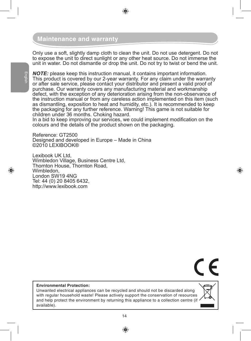 Maintenance and warranty | Lexibook GT2500 User Manual | Page 14 / 52