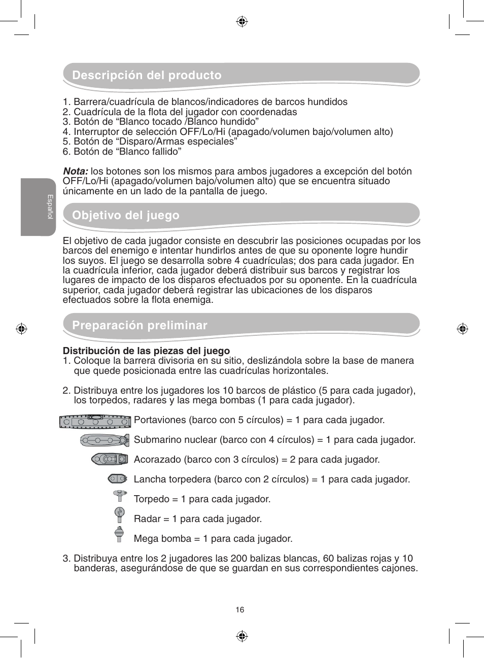 Objetivo del juego preparación preliminar, Descripción del producto | Lexibook GT2500 User Manual | Page 16 / 52