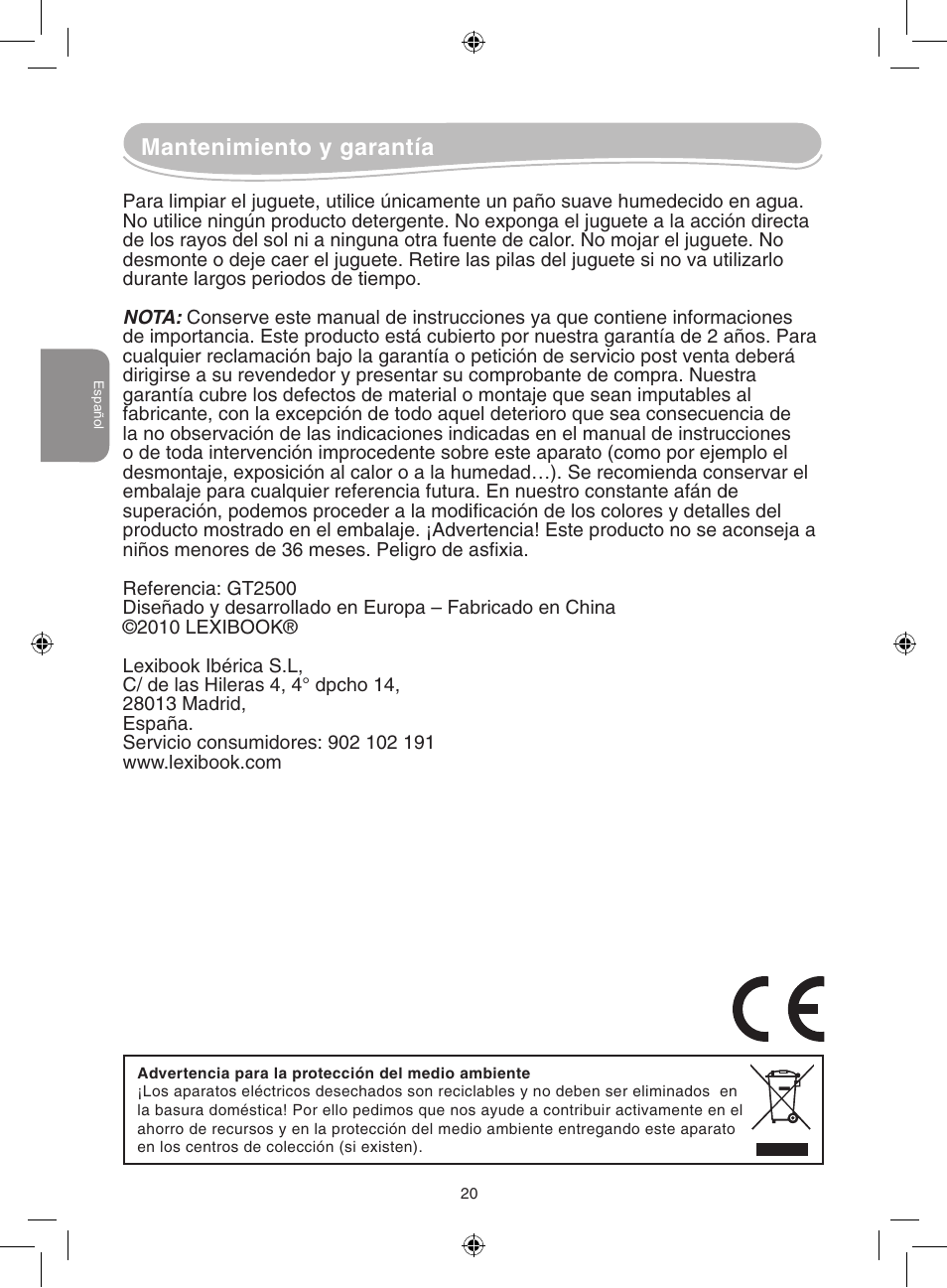 Mantenimiento y garantía | Lexibook GT2500 User Manual | Page 20 / 52