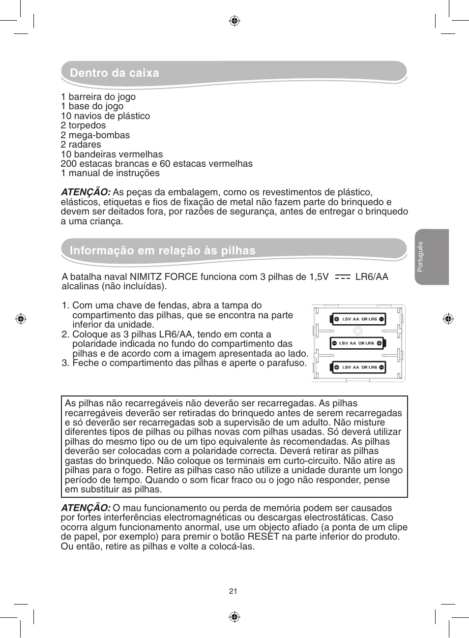 Dentro da caixa, Informação em relação às pilhas | Lexibook GT2500 User Manual | Page 21 / 52