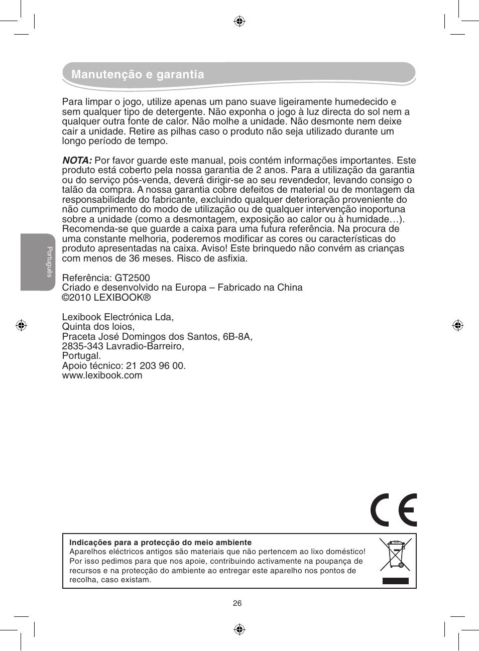Manutenção e garantia | Lexibook GT2500 User Manual | Page 26 / 52