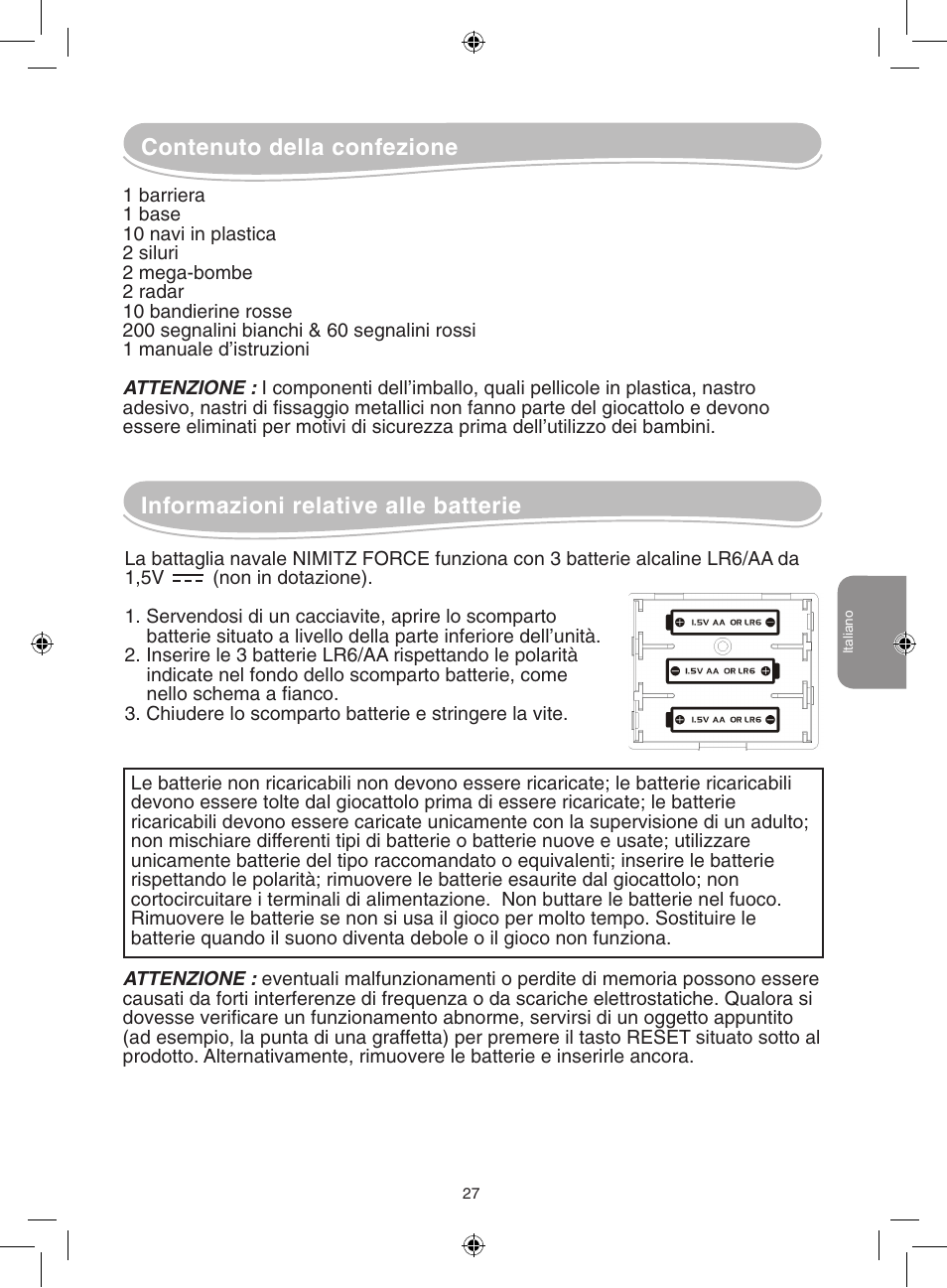 Contenuto della confezione, Informazioni relative alle batterie | Lexibook GT2500 User Manual | Page 27 / 52