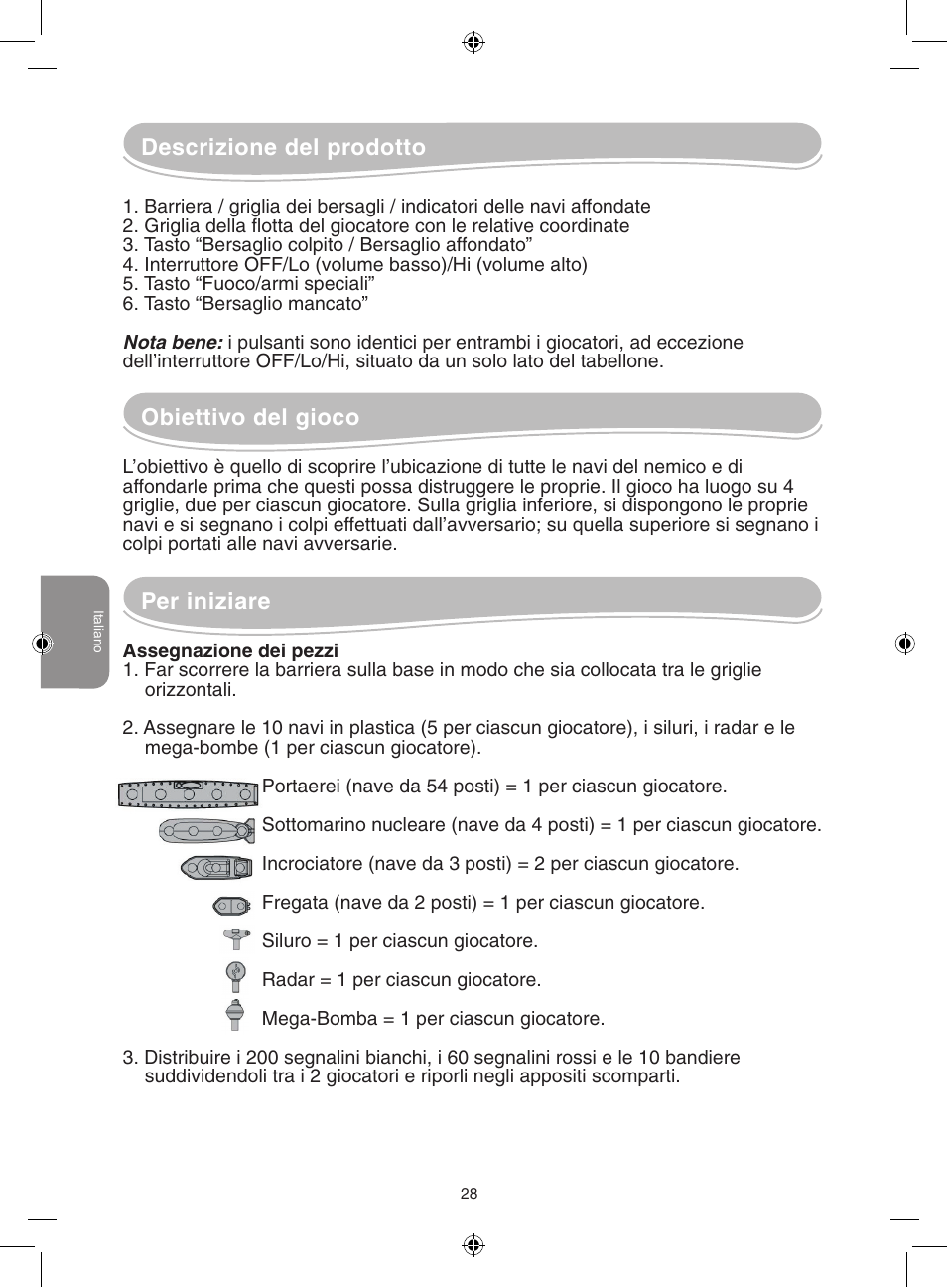 Obiettivo del gioco per iniziare, Descrizione del prodotto | Lexibook GT2500 User Manual | Page 28 / 52