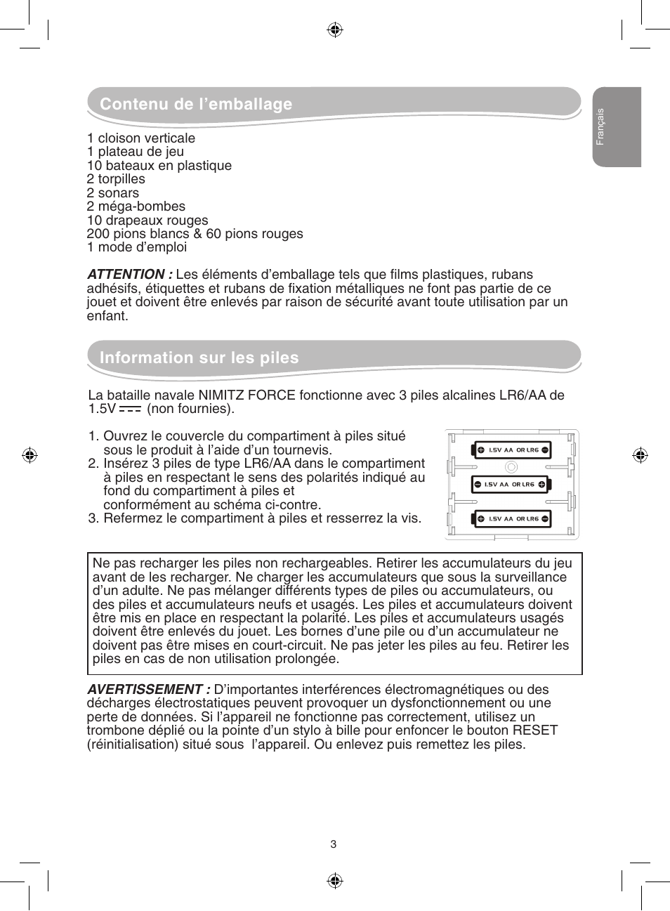 Contenu de l’emballage, Information sur les piles | Lexibook GT2500 User Manual | Page 3 / 52