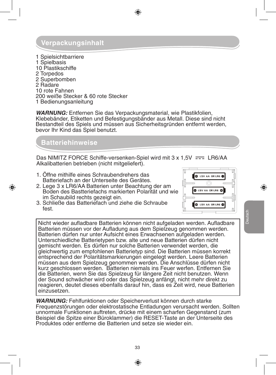 Verpackungsinhalt, Batteriehinweise | Lexibook GT2500 User Manual | Page 33 / 52