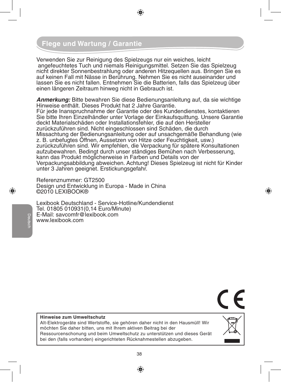 Flege und wartung / garantie | Lexibook GT2500 User Manual | Page 38 / 52