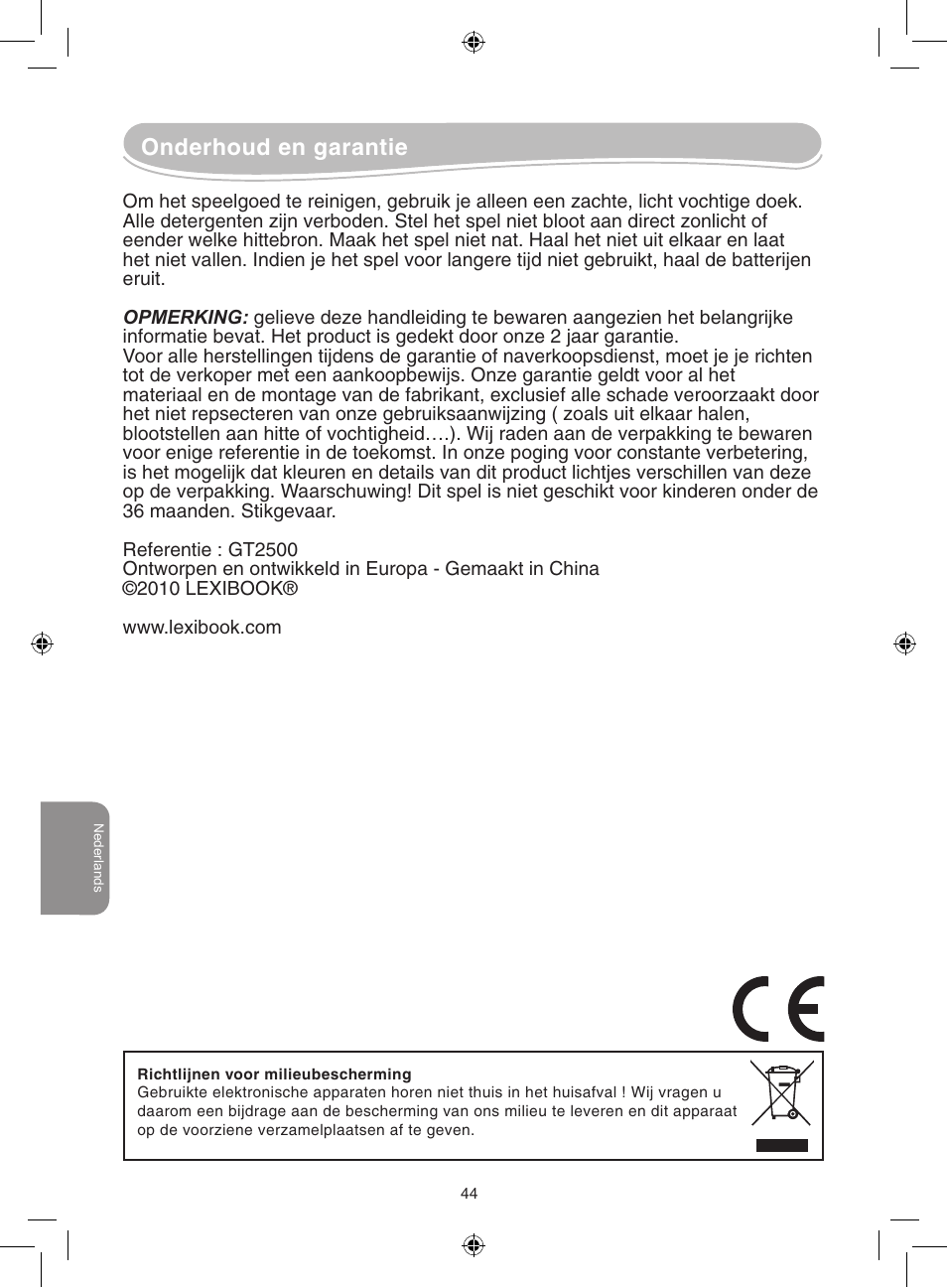 Onderhoud en garantie | Lexibook GT2500 User Manual | Page 44 / 52