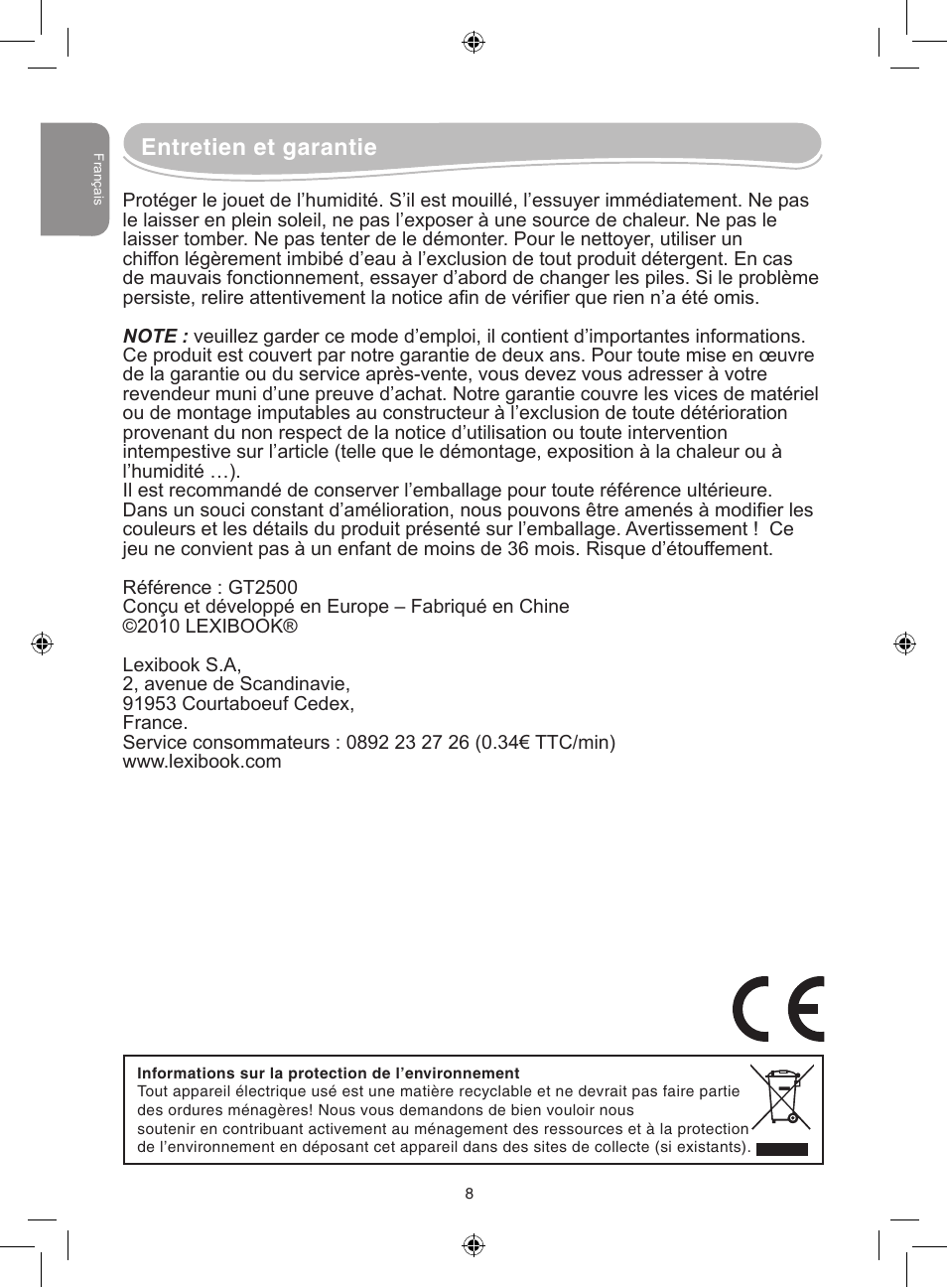 Entretien et garantie | Lexibook GT2500 User Manual | Page 8 / 52