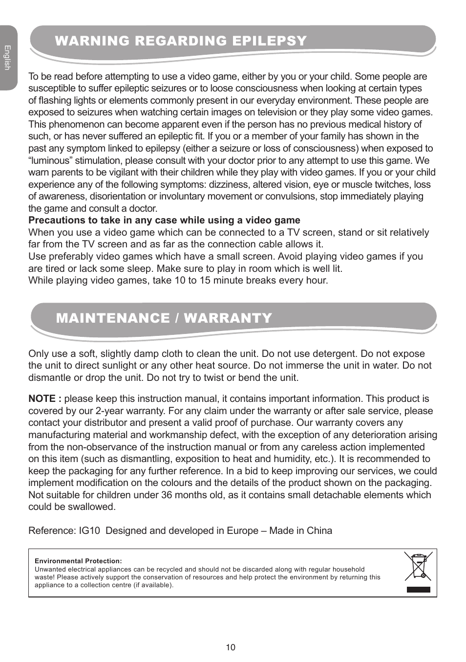 Warning regarding epilepsy maintenance / warranty | Lexibook IG10 User Manual | Page 10 / 74