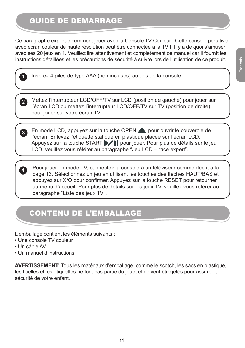 Guide de demarrage, Contenu de l’emballage | Lexibook IG10 User Manual | Page 11 / 74
