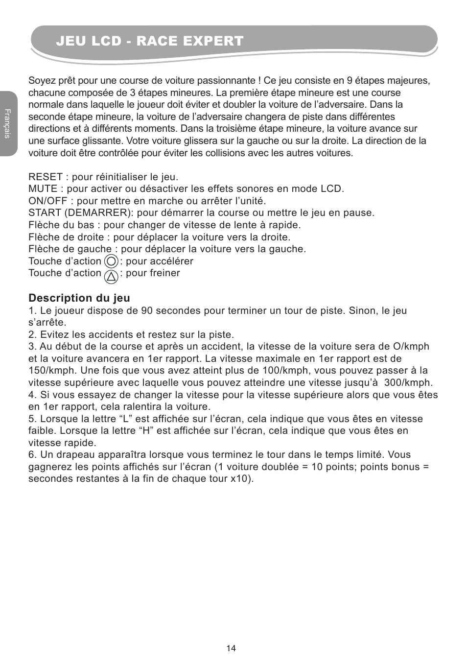 Jeu lcd - race expert | Lexibook IG10 User Manual | Page 14 / 74