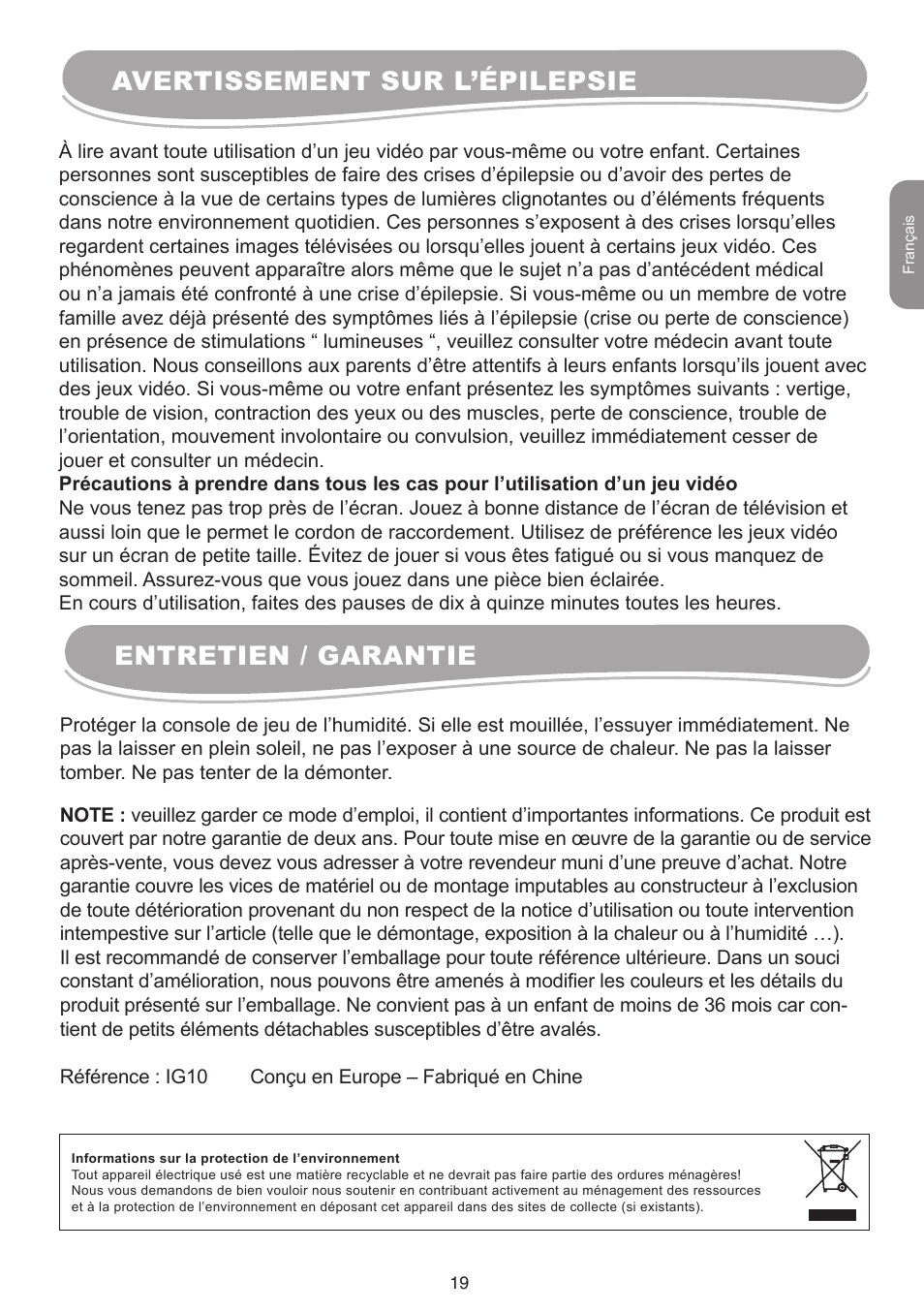 Avertissement sur l’épilepsie entretien / garantie | Lexibook IG10 User Manual | Page 19 / 74