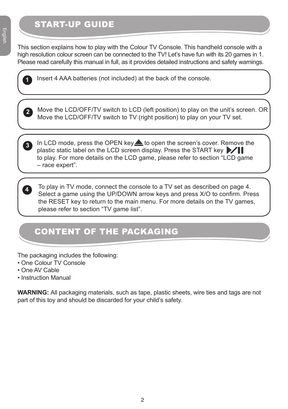 Start-up guide, Content of the packaging | Lexibook IG10 User Manual | Page 2 / 74
