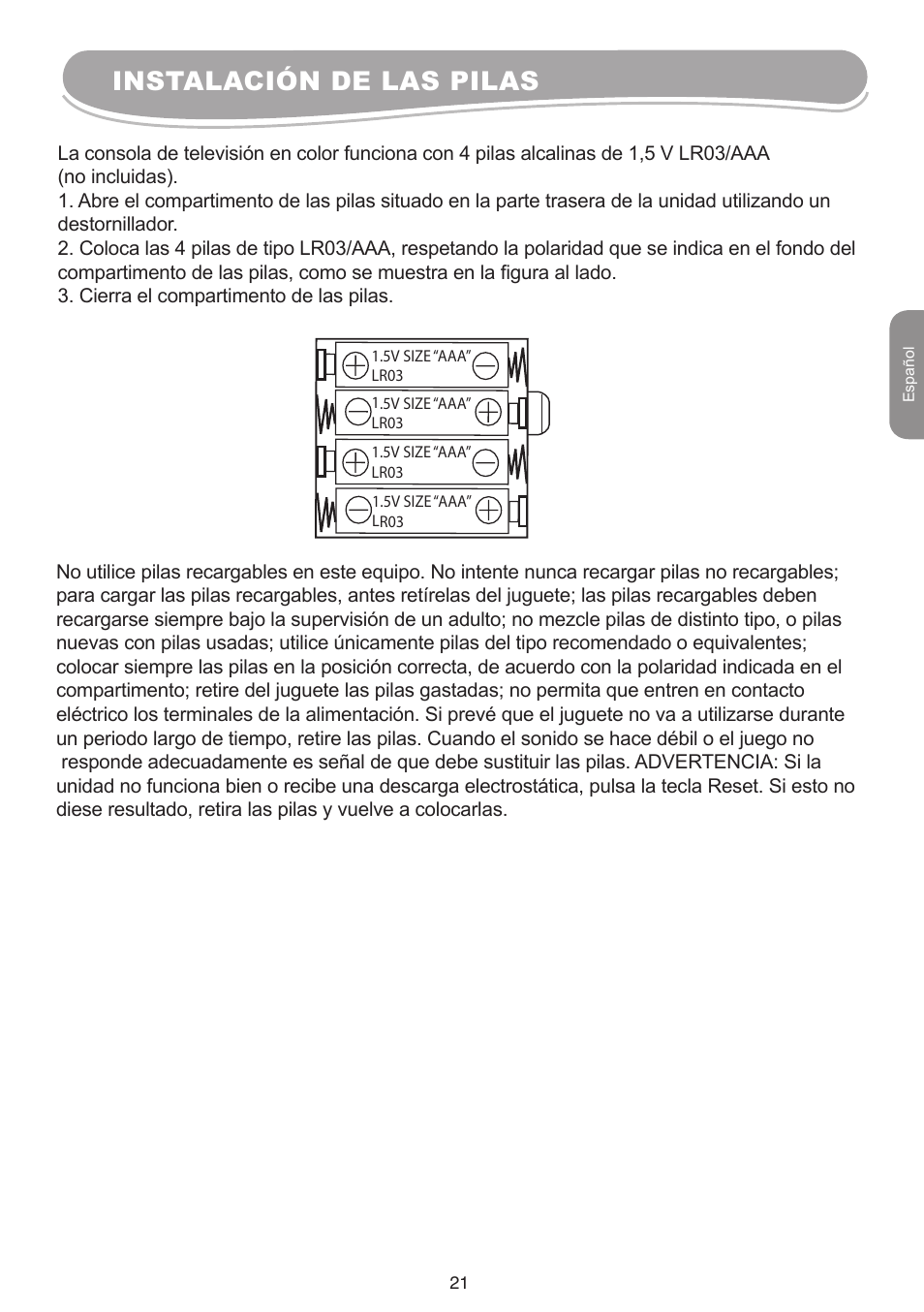 Instalación de las pilas | Lexibook IG10 User Manual | Page 21 / 74