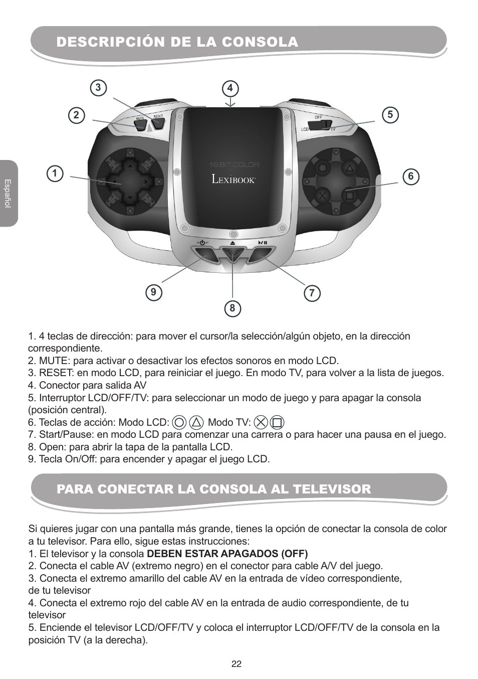 Descripción de la consola, Para conectar la consola al televisor | Lexibook IG10 User Manual | Page 22 / 74