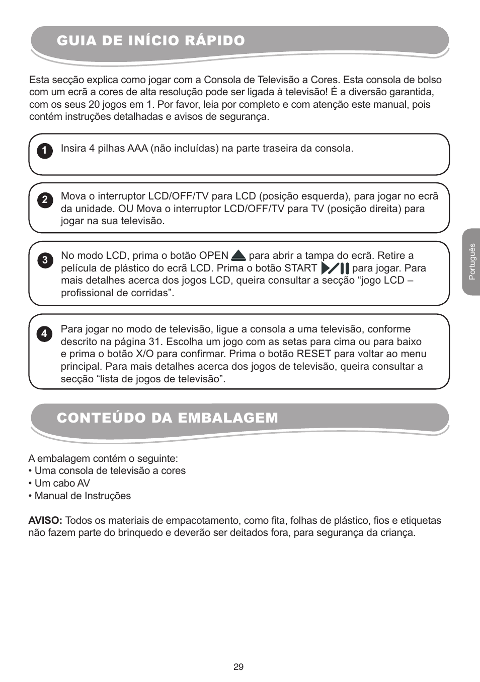 Guia de início rápido, Conteúdo da embalagem | Lexibook IG10 User Manual | Page 29 / 74