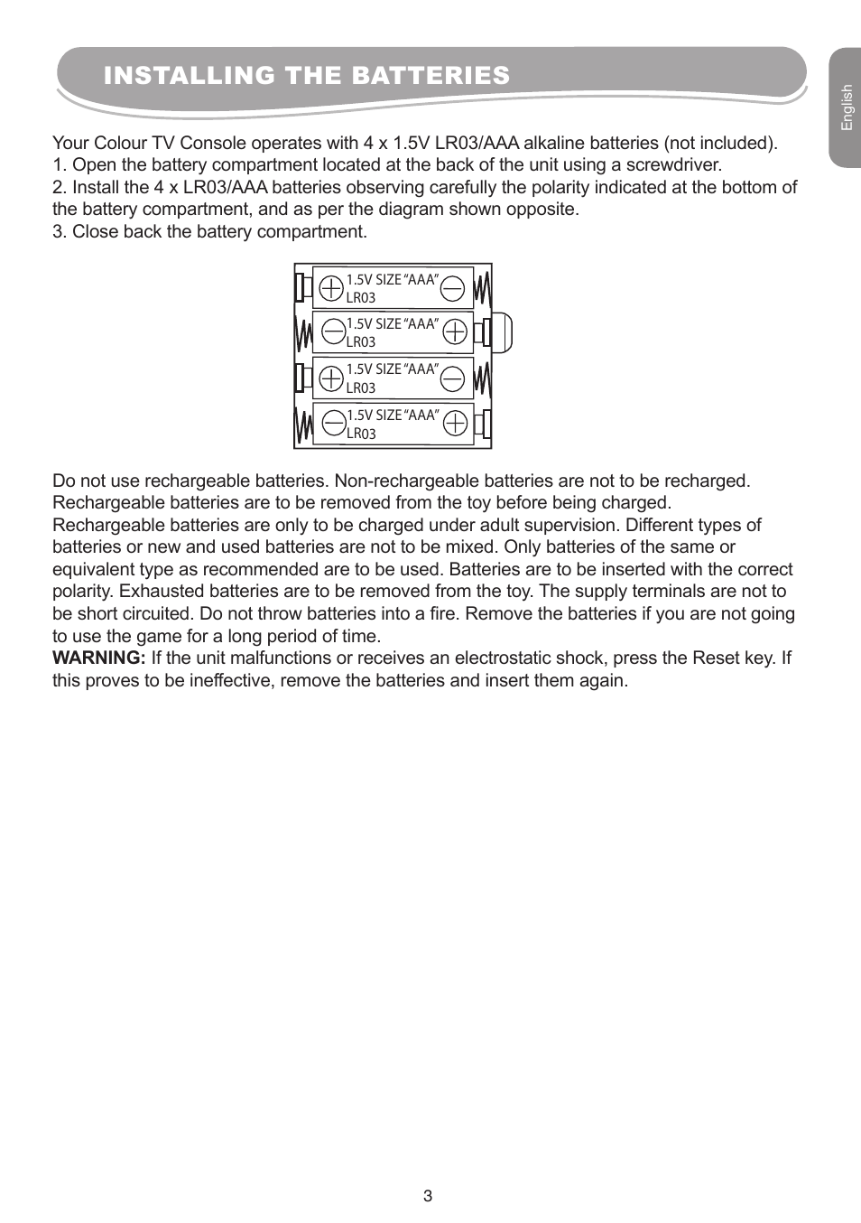 Installing the batteries | Lexibook IG10 User Manual | Page 3 / 74