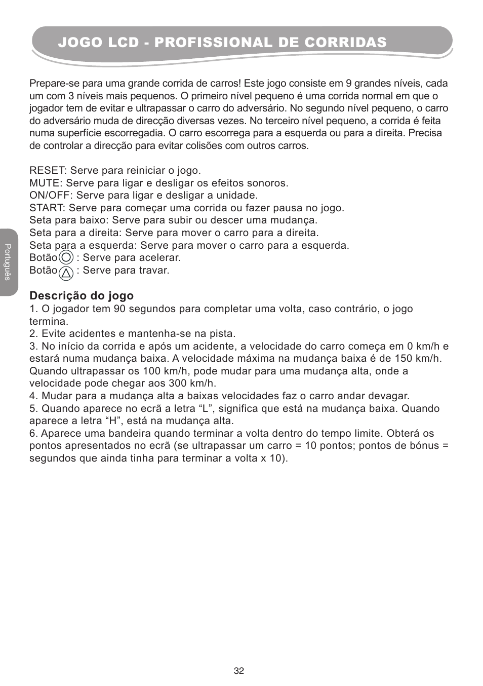 Jogo lcd - profissional de corridas | Lexibook IG10 User Manual | Page 32 / 74