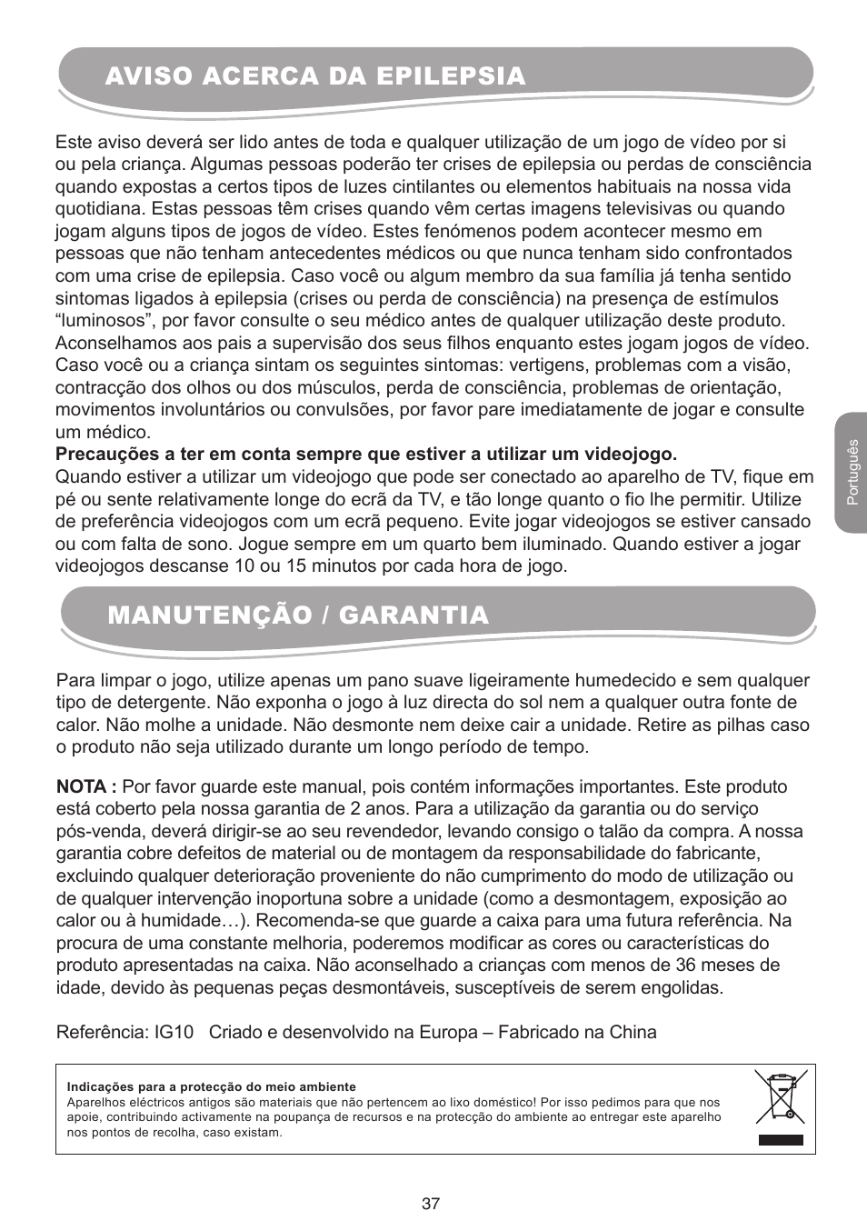 Aviso acerca da epilepsia manutenção / garantia | Lexibook IG10 User Manual | Page 37 / 74