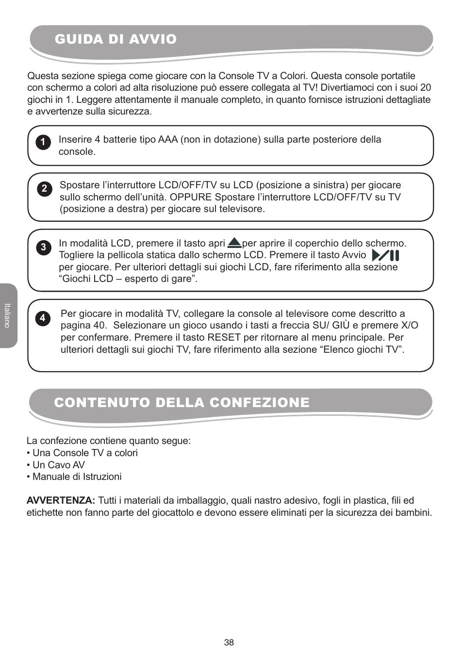 Guida di avvio, Contenuto della confezione | Lexibook IG10 User Manual | Page 38 / 74