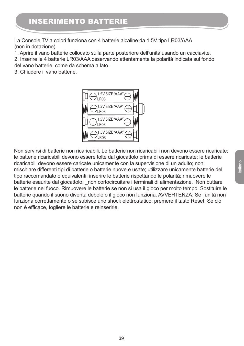 Inserimento batterie | Lexibook IG10 User Manual | Page 39 / 74